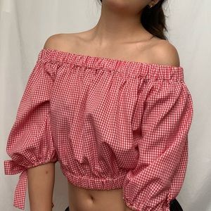 Zara Red Gingham Off the Shoulder Crop Top
